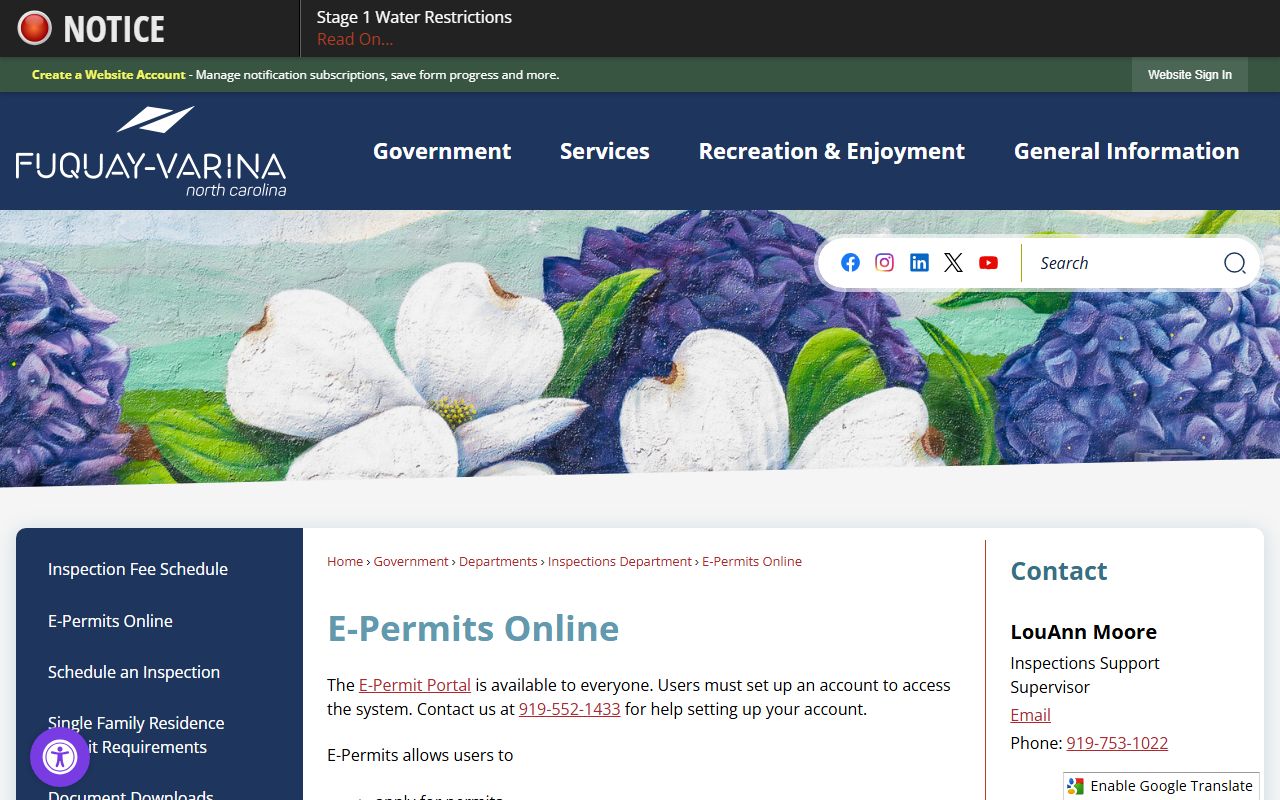 Fuquay-Varina phone directory E-Permits portal contact and account information