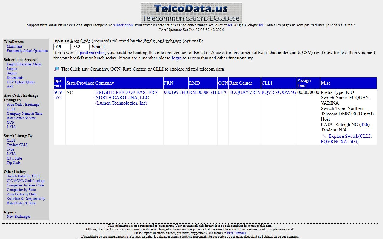 Fuquay-Varina phone codes TelcoData 919-552 exchange detail